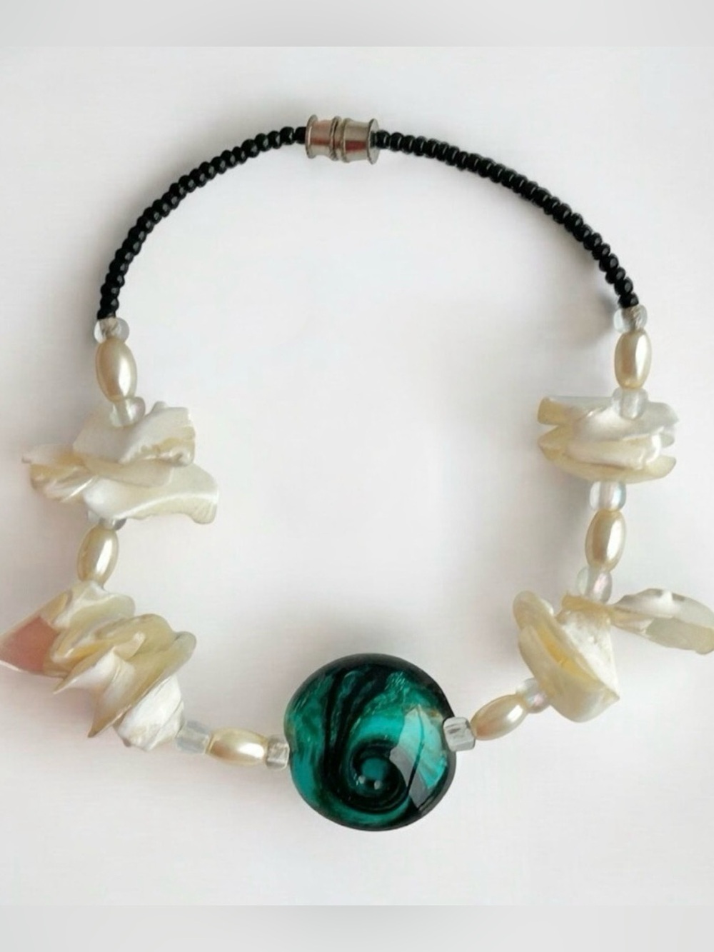 Artisan Lampwork Glass Focal Bead Bracelet Natural Shell & Pearl Beachy Boho⁠
